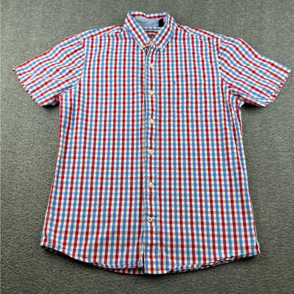 IZOD Men's Short Sleeve Button-Up Casual Shirt Red Blue‎ Checkered Medium